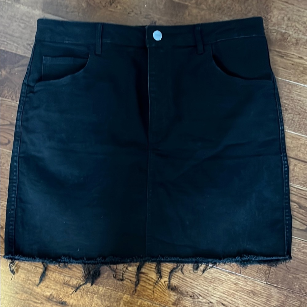 Black Denim Skirt with Frayed Hem